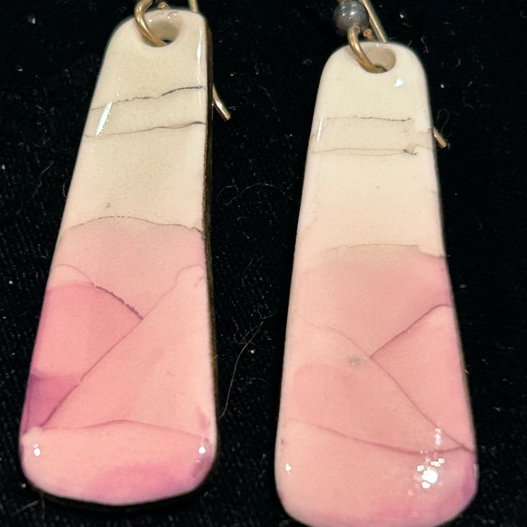 Pink Triple Tone- Hand made Ceramic Dangle 22k gold / platinum Earring🌸 - Picture 2 of 16